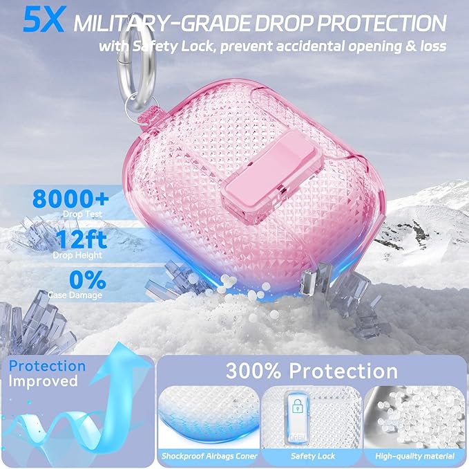 for AirPods Pro 2 Case with Phone Stand & Secure Lock, Auto-Open Clear Cover Compatible with Apple AirPods Pro 2nd/1st Gen (2023,2022,2019) with Cleaning Kit & Keychain (W-Pink)