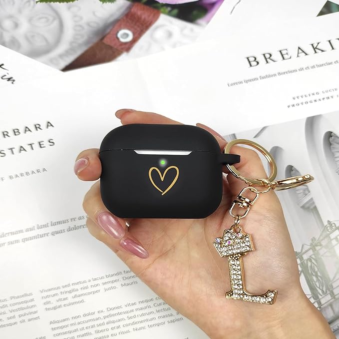 Compatible with AirPods Pro 3 Case Cover (2025), Soft Silicone Case with Gold Heart Pattern for AirPods Pro 3rd Generation Case with Rhinestone Studded Letter A-Z Keychain (L Black)