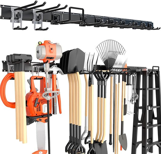 64 Inches Garage Storage, Garage Organization, Wall Mount Garden Tool Organizer, Max 620lbs Adjustable Metal Hooks, Yard Shed Rack, Tool Holder for Hanging Rake Broom Mop Snowboard