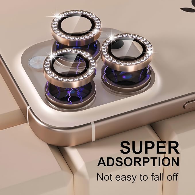 Misea Compatible for iPhone 16 Pro/iPhone 16 Pro Max Camera Lens Protector Bling, 9H Tempered Glass Camera Cover Screen Protector Metal Individual Ring Protector Accessories, Desert Titanium Diamond