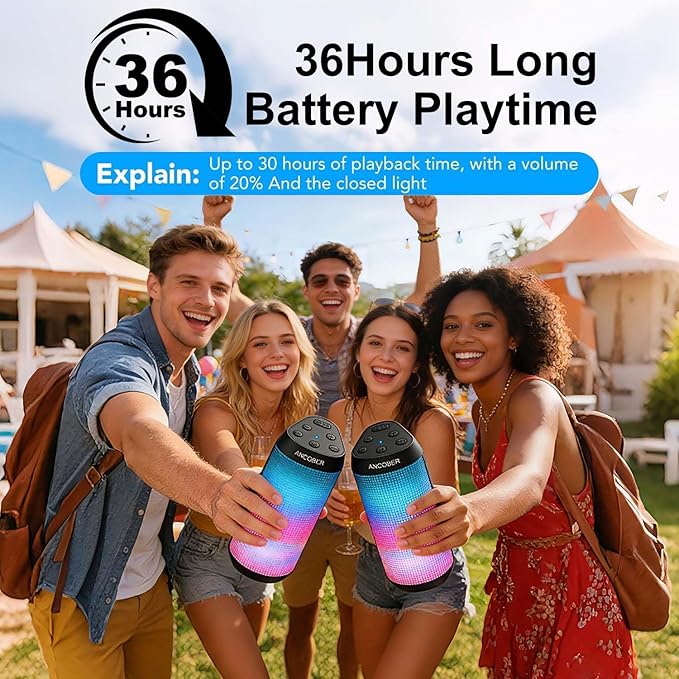 Portable Bluetooth Speaker, 2026 Wireless Speaker with 20W HD Loud Stereo Sound, 36H Playtime, Cool LED Lights, IPX4 Waterproof, TWS Pairing, BT5.3, Buit-in Mic, for Outdoor, Home, Party, Gift