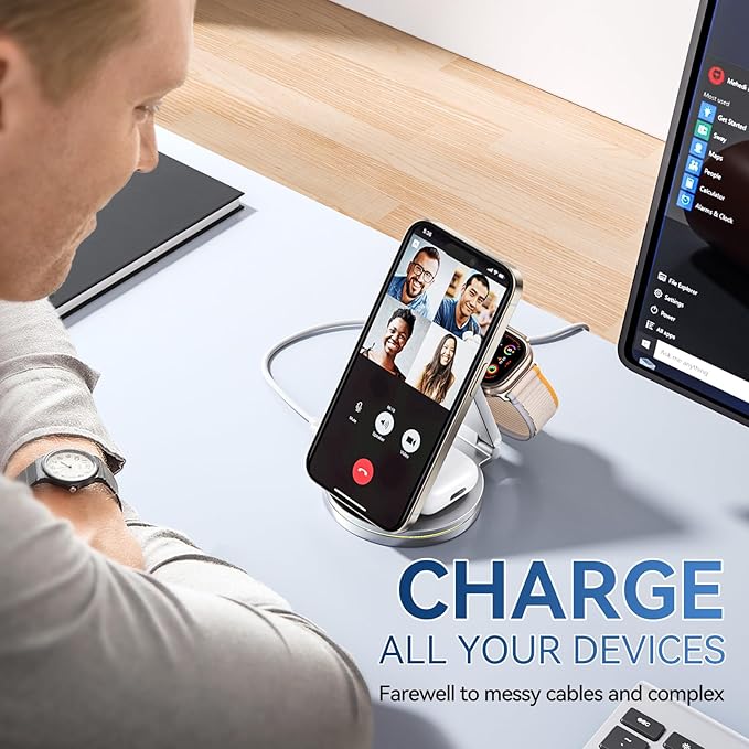 3 in 1 Wireless Charging Station for Apple Charger, 15W Fast Mag-Safe Qi-Certified Magnetic Portable Charger Stand for iPhone 1615141312 Apple Watch AirPods 3/2 Pro, Adjustable Angle (Silver, Qi)