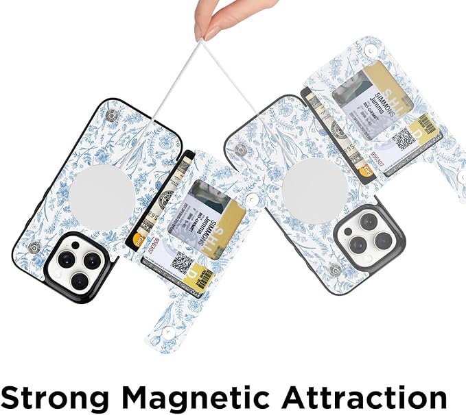 uCOLOR for iPhone 14 Pro 6.1" Wallet Case Magsafe with Card Holder Slot【Compatible with MagSafe】 Folio Flip PU Leather Double Magnetic RFID Design (Blue Toile Flowers)