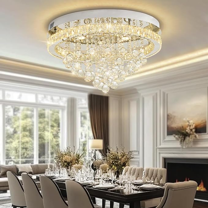 Dia 24" Modern Crystal Chandeliers for Dining Room,Silver Raindrop Chandelier Flush Mount Chandeliers for Living Room Bedrooms Dining Room Dimmable 2700k 4500k 6000k