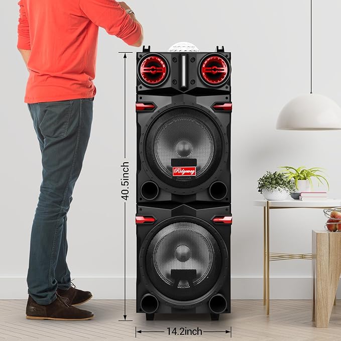 Portable Party Wireless Bluetooth Speaker with Dual 10" Subwoofer, 80W Rechargeable PA System with Bass/Treble, Wired Microphone, Flashing Light, TWS, FM, REC, Telescopic Pull Rod, Wheels
