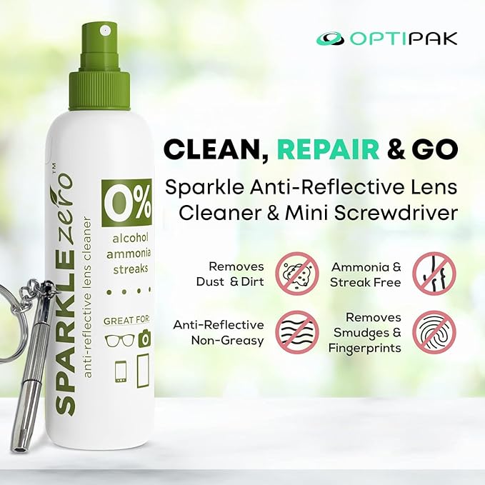 Sparkle Anti-Reflective Eco-Friendly Lens Cleaner & Repair Kit – (2) 1oz Glasses Cleaner Spray, (2) Microfiber Cloths & Keychain Screwdriver for Eyeglasses, Sunglasses, Lenses & Screens (5 Piece Set)