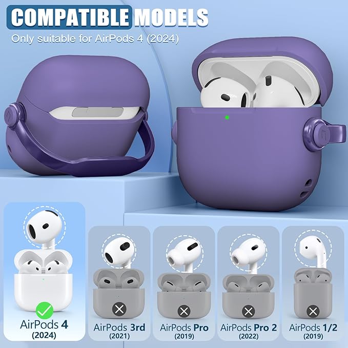with Safety Lock for Airpods 4 Case, TPU Case for Apple Airpods 4 Case 2024 USB-C with Cleaner Kit, Drop Protection Airpods 4 Case Cover with Lock and Keychain, Charm Purple