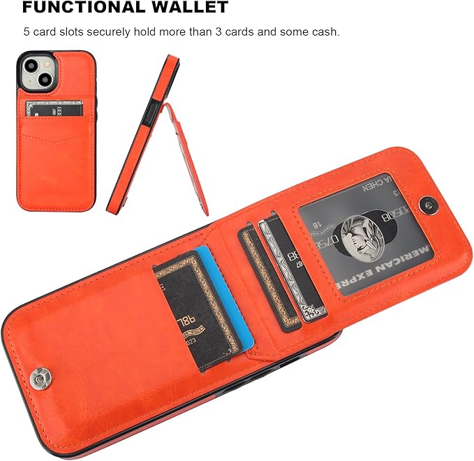 KIHUWEY Compatible with iPhone 15 Case Wallet with Credit Card Holder, Flip Premium Leather Magnetic Clasp Kickstand Heavy Duty Protective Cover for iPhone 15 6.1 Inch (Orange)