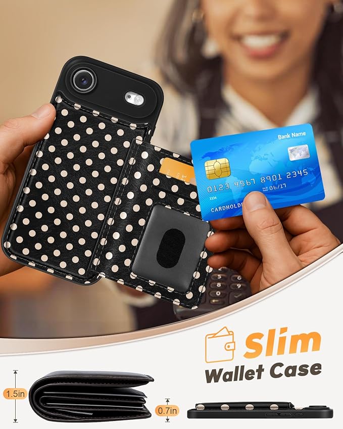 for iPhone 17 Air Case with Wallet - Fits 4 Card Slots, Compatible with MagSafe for Women Aesthetic Durable PU Leather Credit Card Holder Kickstand Phone Cover for Apple 17 Air, Polka Dots