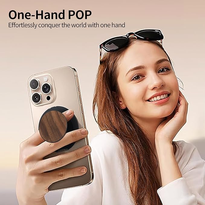 Cell Phone Ring Holder, Phone Grip, Magnetic Phone Ring Stand，Ultra Thin Phone Kickstand with Finger Loop Strap, Phone Ring Holder for Mag-Safe iPhone 16/15/14/13/12 Series (Walnut Wood)