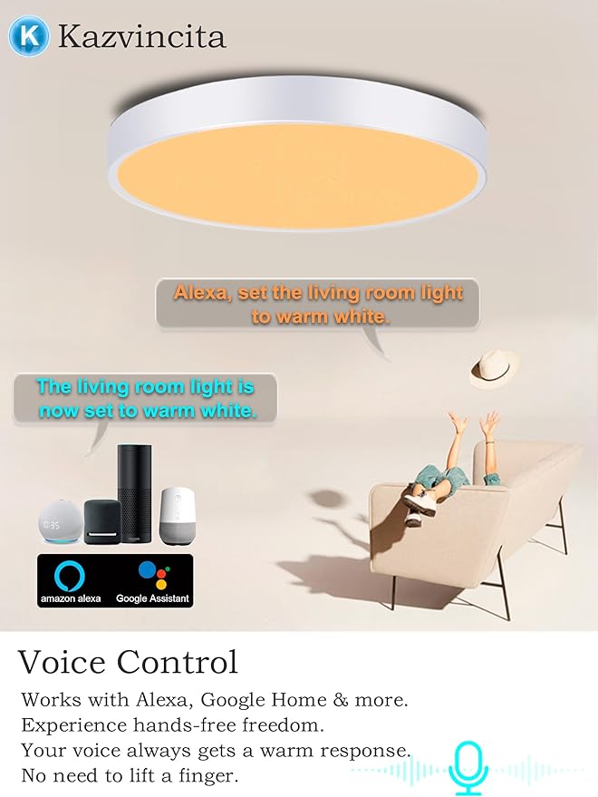 WF-Version LED Ceiling Light with Speaker 40W 13Inch Control via app/Voice/Remote Adjustable Brightness & Color Temperature Ceiling Lamp RGB Ambient Lighting for Bedroom Kids Room and More