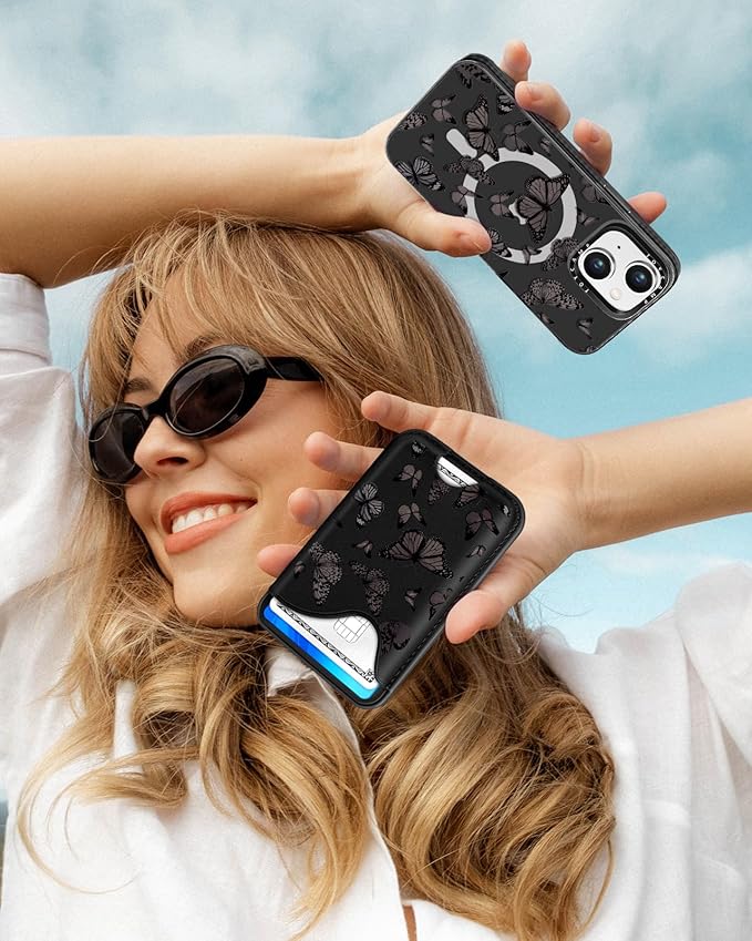 Toycamp for iPhone 14 Plus Case - Compatible with Magsafe Credit Card Holder Wallet Magnetic Cute Women Teen Girls Kawaii Girly Unique Black Butterfly Design Phone Cover for iPhone 14 Plus