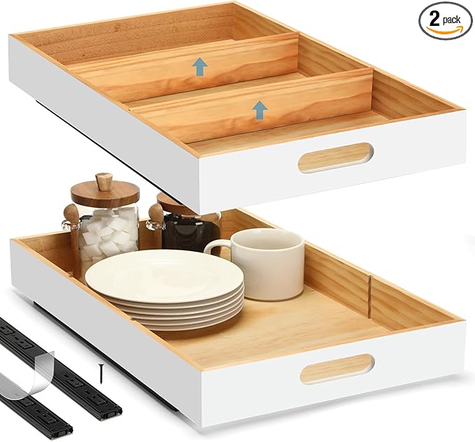 2 PCS Wood Pull Out Cabinet Organizers with Removable Dividers, 14''W x 21''D Nail-free Wood Sliding Drawers with Adhesive Tape, Roll Out Shelves for Kitchen, Pantry, Office (White)