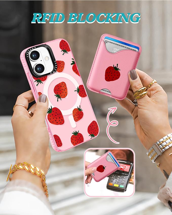 Toycamp for iPhone 16 Plus Case - Compatible with Magsafe Credit Card Holder Wallet Magnetic Cute Women Teen Girls Kawaii Girly Unique Strawberry Design Phone Cover for Apple 16 Plus 6.7"