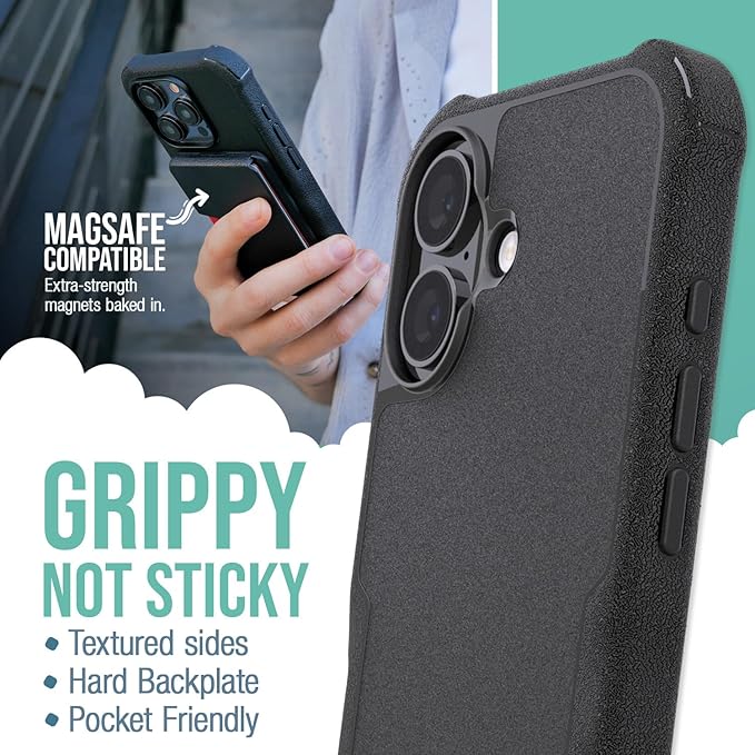 Smartish iPhone 16 MagSafe Case + 2-Pack Tempered Glass Screen Protector Bundle - Gripzilla + Tuff Sheet - Protective Magnetic Case with Crystal Clear Screen Protection - Black
