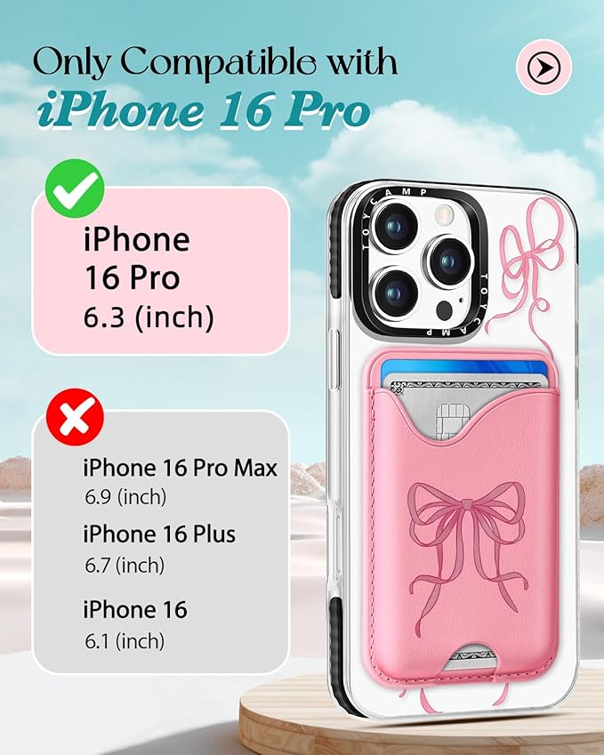 Toycamp for iPhone 16 Pro Case - Compatible with Magsafe Credit Card Holder Wallet Magnetic Cute Women Teen Girls Kawaii Girly Unique Bow Design Phone Cover for Apple 16 Pro 6.1"