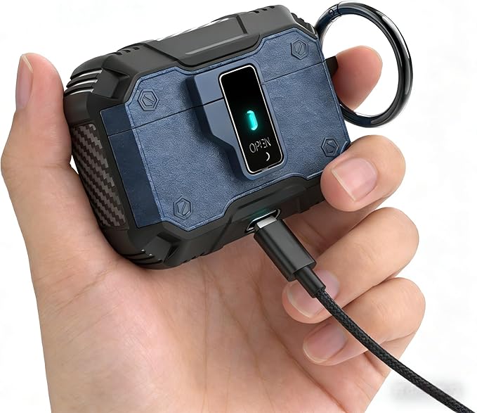 for AirPods Pro 3 Case, Secure Lock Magnetic Lid Cover with Keychain, Military Grade Shockproof Protective Case for Airpods Pro 3rd, Wireless Charging & Front LED Visible, Blue Black02