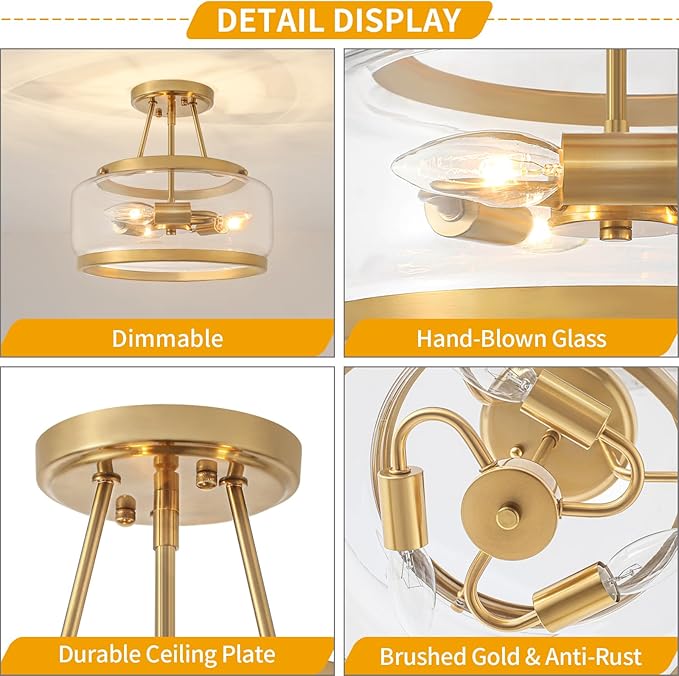 11.81" Brushed Gold Semi Flush Mount Ceiling Light, Modern Glass Drum Light Fixtures, 3-Light Golden Ceiling Lights for Hallway Entryway Bedroom Laundry Room Kitchen Dining Room Lighting, UL-Listed