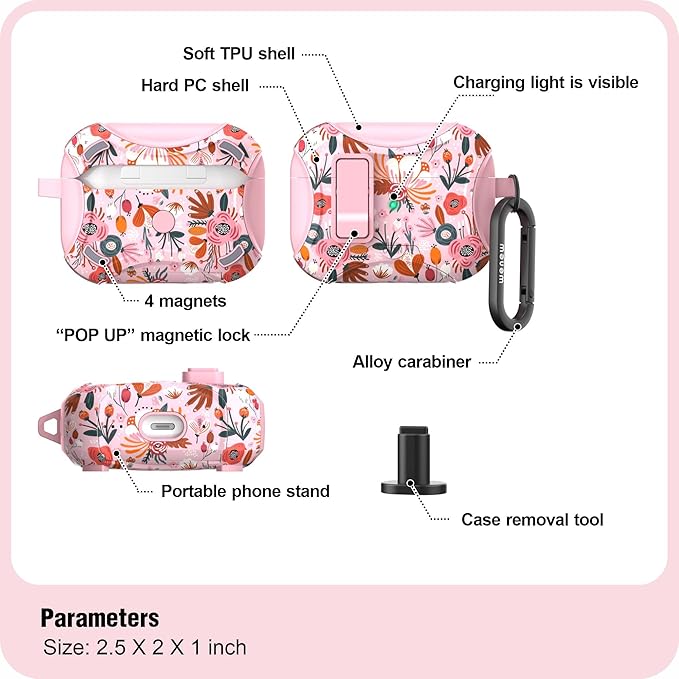 wenew Compatible with AirPods Pro 2nd/1st Generation Case Cover with Phone Stand, Cleaner, Clip, Compatible with Magsafe, One-Click Pop Open Lock iPod Pro Charging Case (Pink 1, AirPods Pro & Pro 2)