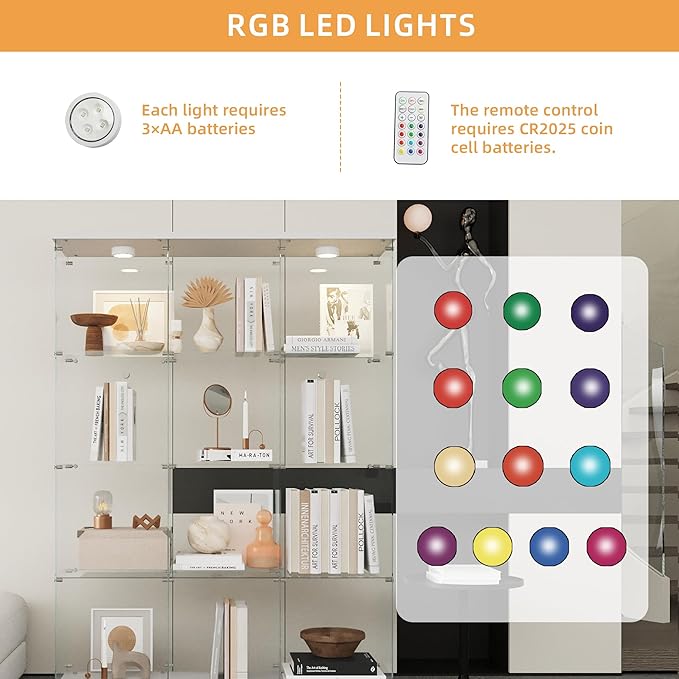 LFT HUIMEI2Y Glass Display Cabinet 12 Shelves with 3 Columns 2 Doors, LED Light and Lock, Extra Large Curio Cabinets Quick-Install Style Tempered Glass Bookshelf for Living Room, Kitchen White