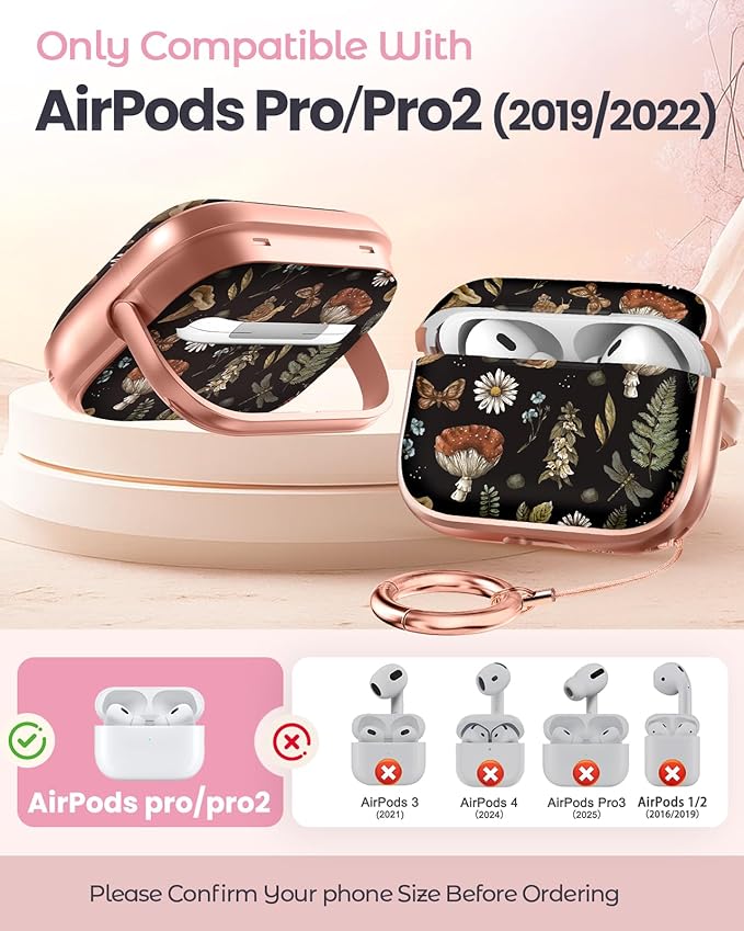 Coralogo for AirPods Pro2/Pro Case with Safety Lock - Cute Cartoon for AirPods Pro1/2 Generation for Women Girls Fashion Stylish Mushroom Pattern Design Kawaii Girly Girlish Hard Protective Cover