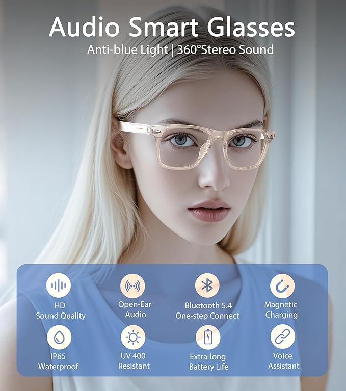 Smart Glasses for Men & Women, Built-in Mic & Speakers Bluetooth Audio Glasses, Blue Light Filter & Polarized UV 400 Protection Lenses Open-Ear Bluetooth Glasses for Android iOS, Pink