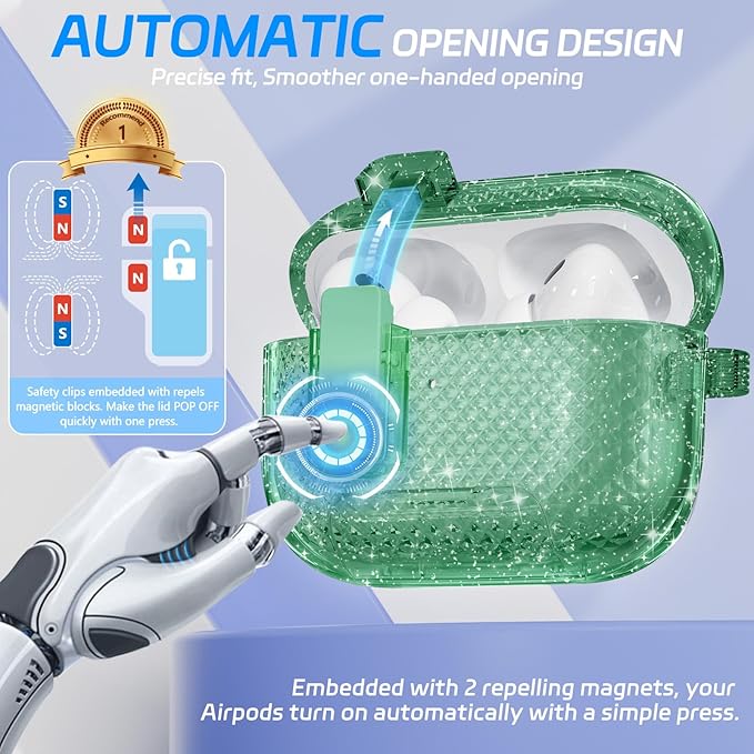 for AirPods Pro 2 Case with Phone Stand & Secure Lock, Auto-Open Clear Cover Compatible with Apple AirPods Pro 2nd/1st Gen (2023,2022,2019) with Cleaning Kit & Keychain (Shine-Clear Green)
