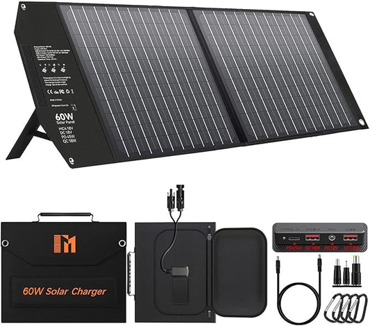 60W Portable Solar Panels Charger with PD3.0 PD45W USB-C QC3.0 USB-A 18V DC MC4 Outputs Foldable Solar Panel for Camping RV Trip Fast Charging for Small Power Station Generator Cell Phone Power Bank