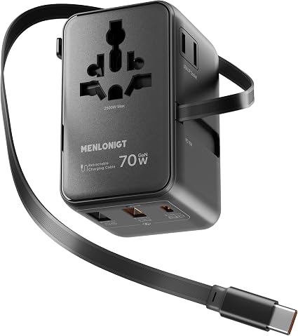 70W GaN Universal Travel Adapter with Retractable USB-C Cable, Fast Wall Charger for MacBook Pro/Air, Laptops, 6-in-1 International Plug for US/UK/EU/AU (Over 200 Countries)
