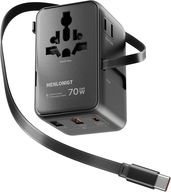 70W GaN Universal Travel Adapter with Retractable USB-C Cable, Fast Wall Charger for MacBook Pro/Air, Laptops, 6-in-1 International Plug for US/UK/EU/AU (Over 200 Countries)