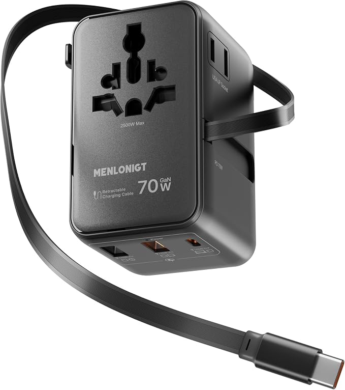 70W GaN Universal Travel Adapter with Retractable USB-C Cable, Fast Wall Charger for MacBook Pro/Air, Laptops, 6-in-1 International Plug for US/UK/EU/AU (Over 200 Countries)