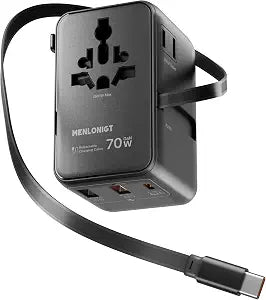 70W GaN Universal Travel Adapter with Retractable USB-C Cable, Fast Wall Charger for MacBook Pro/Air, Laptops, 6-in-1 International Plug for US/UK/EU/AU (Over 200 Countries)