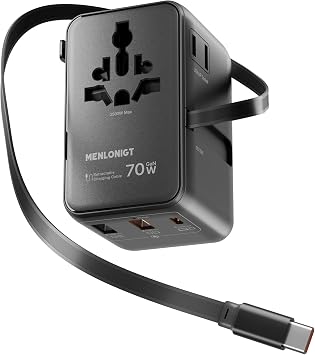 70W GaN Universal Travel Adapter with Retractable USB-C Cable, Fast Wall Charger for MacBook Pro/Air, Laptops, 6-in-1 International Plug for US/UK/EU/AU (Over 200 Countries)