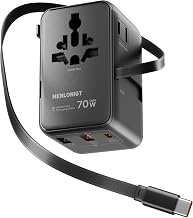 70W GaN Universal Travel Adapter with Retractable USB-C Cable, Fast Wall Charger for MacBook Pro/Air, Laptops, 6-in-1 International Plug for US/UK/EU/AU (Over 200 Countries) - Image 1