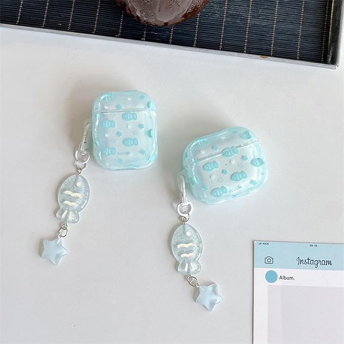 Compatible with AirPods 4 Case Soft TPU with Cleaner Kit Creative Fish Star Keychain Shockproof Cover for Airpods 4th Generation-Water Blue