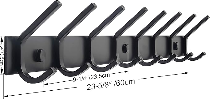 WEBI Coat Rack Wall Mounted,8 Coat Hooks for Hanging Coats,24" Heavy Duty Metal Double Hook Rack Rail Coat Hanger Wall Mount for Clothes Entryway Jacket,Black