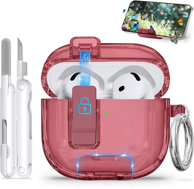 for AirPods 4 Case with Phone Stand & Safety Lock, Auto-Open Clear AirPod Case Compatible with Apple AirPods 4th Gen 2024, Anti-Scratch & Shockproof Protective Cover with Cleaning Kit & Keychain