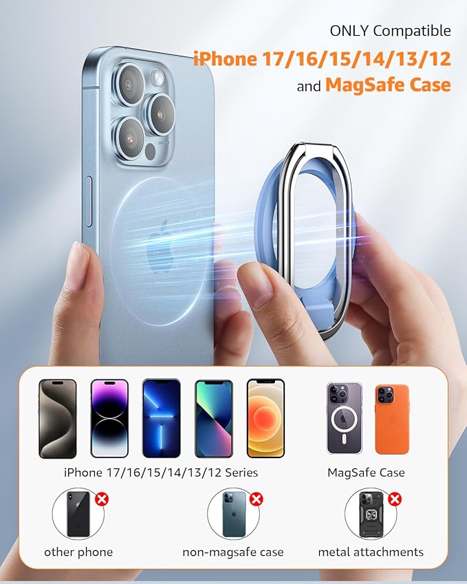 【2025 Upgraded】 Mag Safe Phone Ring Holder, SUPERONE Adjustable Magnetic Kickstand & Removable Phone Grip Compatible with Wireless Charging Only for iPhone 17 & 16 & 15 & 14 & 13 Series - Sierra Blue