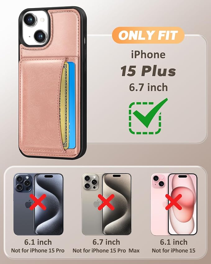 for iPhone 15 Plus Case with Wallet - Fits 4 Card Slots, Compatible with MagSafe for Women Aesthetic Durable PU Leather Credit Card Holder Kickstand Phone Cover for Apple 15 Plus, Rose Gold