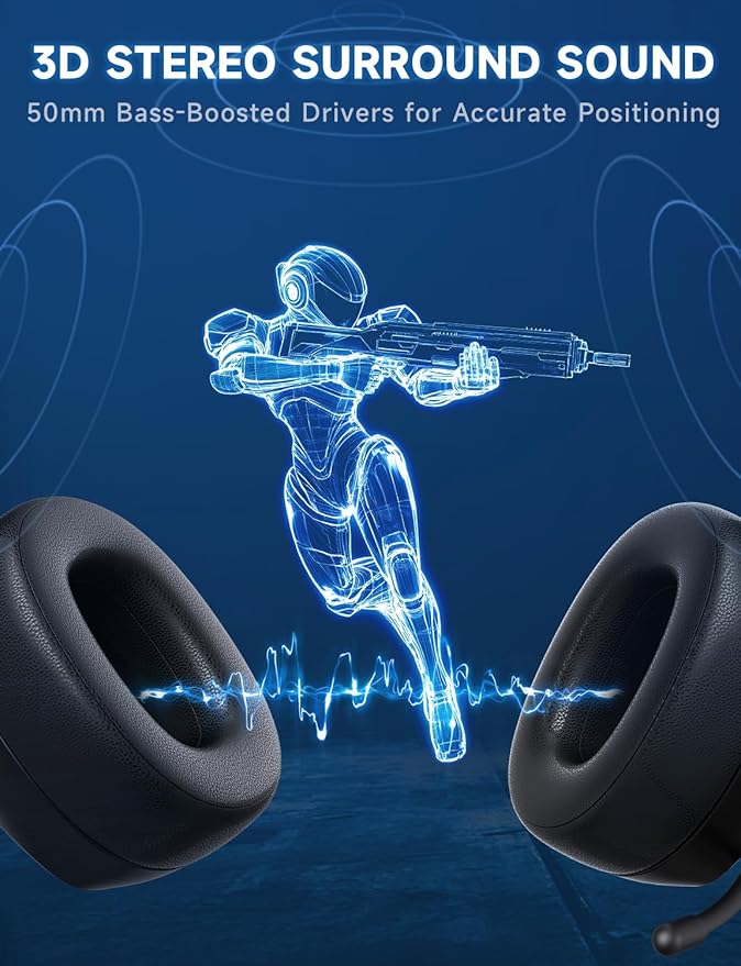 2.4GHz Wireless Gaming Headsets for PS5, PS4, PC, Switch - Bluetooth 5.3 Gaming Headphones with Noise Canceling Mic, 7.1 Surround Sound, 70H Battery, Blue Lighting - Matte Black