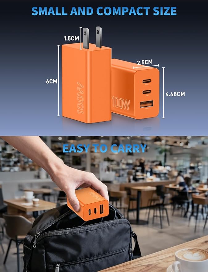2Pack 100W USB C Charger Block, 3Port Fast Charging Adapter, Type C Fast Charging Blocks Cube PD USBC Wall Plug+QC3.0 USB A Charger Brick for MacBook Pro/Air,iPad,iPhone 17/16,Samsung S25 &More-Orange