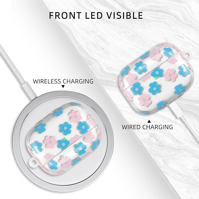Compatible with AirPods Pro 2 Case Cover 2022, Soft TPU with Cute Flower Pattern for AirPods Pro 2nd/1st Generation Case with Flower Keychain and Carabiner for Girls Women (Blue)