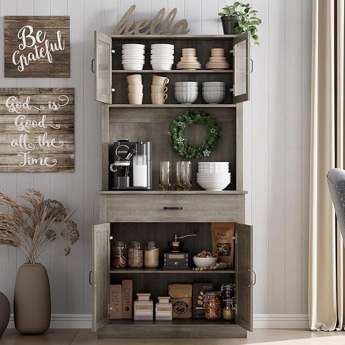 IDEALHOUSE Kitchen Pantry Cabinet with Microwave Stand, 71”Freestanding Tall Kitchen Cabinet with Doors and Shelves for Dining Room, Rustic Gray