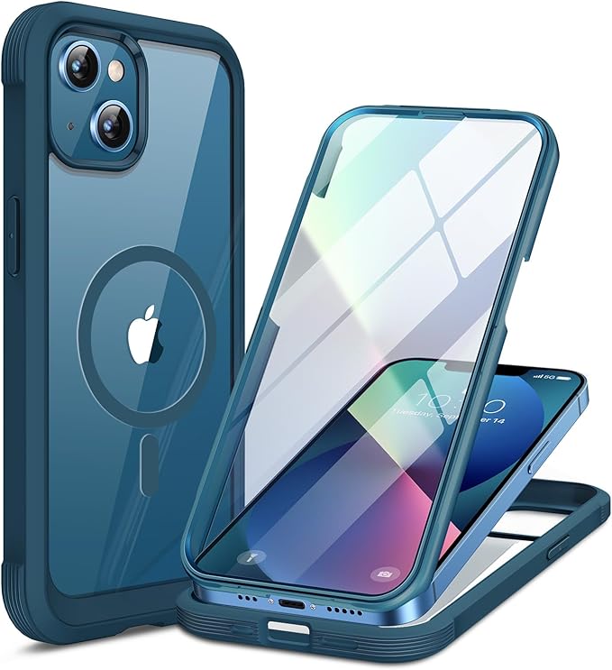 Miracase Glass Series Designed for iPhone 13 Case 6.1 inch, 2023 Upgrade Full-Body Magnetic Clear Bumper Case with Built-in 9H Tempered Glass Screen Protector,Storm Blue