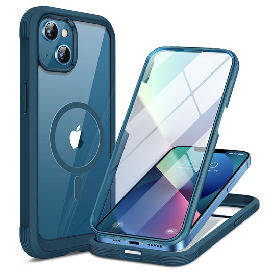 Miracase Glass Series Designed for iPhone 13 Case 6.1 inch, 2023 Upgrade Full-Body Magnetic Clear Bumper Case with Built-in 9H Tempered Glass Screen Protector,Storm Blue