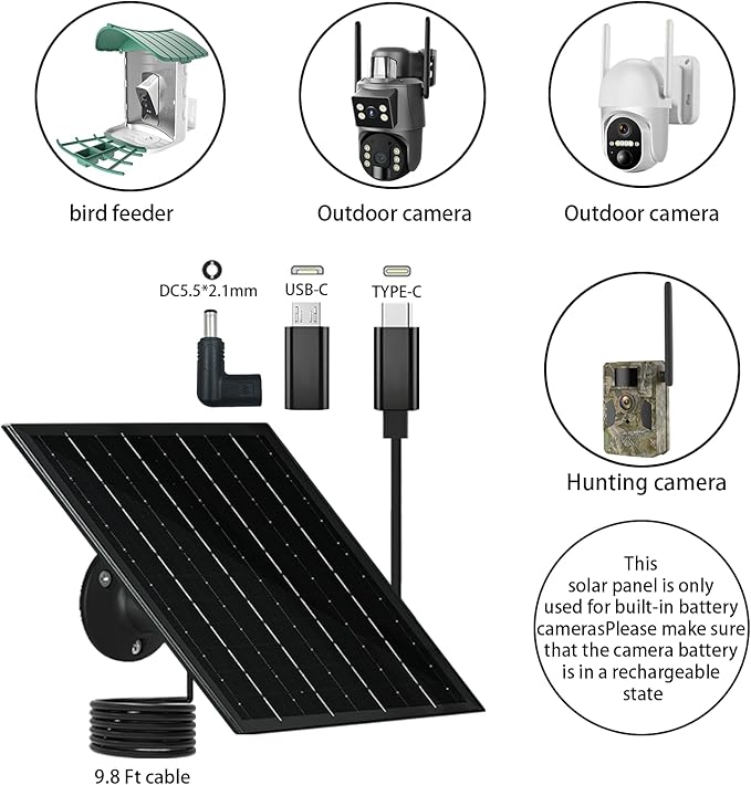 Solar Panel for Security Camera 5V 6W USB Solar Panel Charger Type-C Port、Micro USB Port＆DC Port Solar Sanels for Cameras with 9.8ft Charging Cable Charging Power IP65 Waterproof (2 Pack Black)