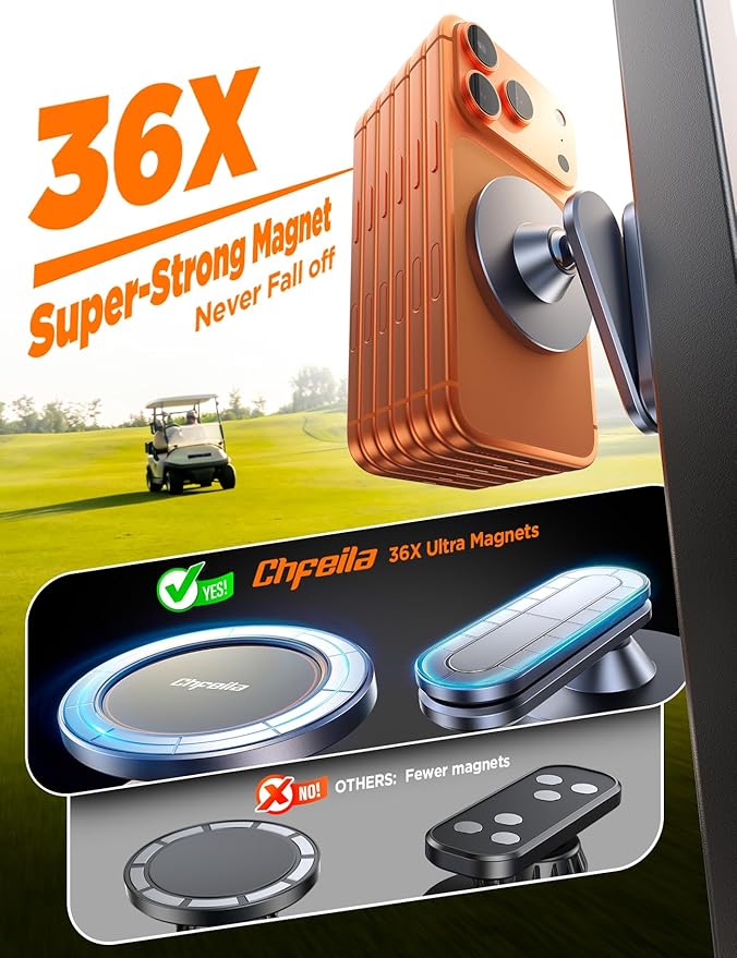 Magnetic Golf Cart Phone Holder: [One Hand 360° Adjustable & 36X Strong Magnets] Golf Cart Phone Holder for iPhone 17-12, Golf Accessories Gifts for Men Dad Husband,Fits EZGO Yamaha Club Car Iron Gray