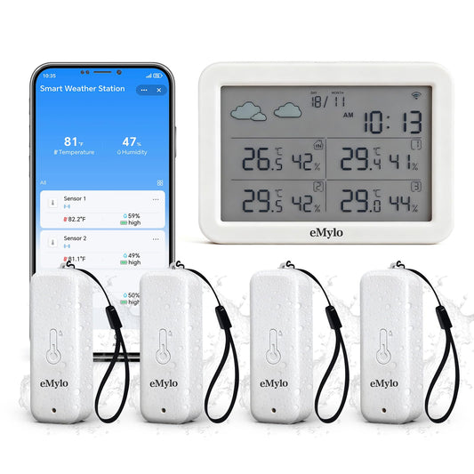 eMylo WiFi Indoor Outdoor Thermometer Hygrometer with 4 Remote Sensors