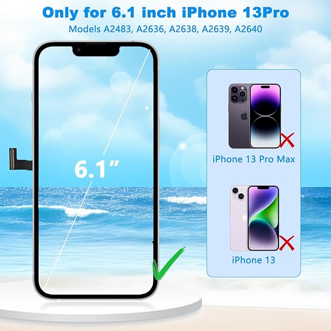 for iPhone 13 Pro Screen Replacement 6.1 Inch, 3D Touch LCD Screen Digitizer for A2483, A2636, A2638, A2639, A2640 with Repair Tools Kit+Screen Protector+Waterproof Frame Adhesive