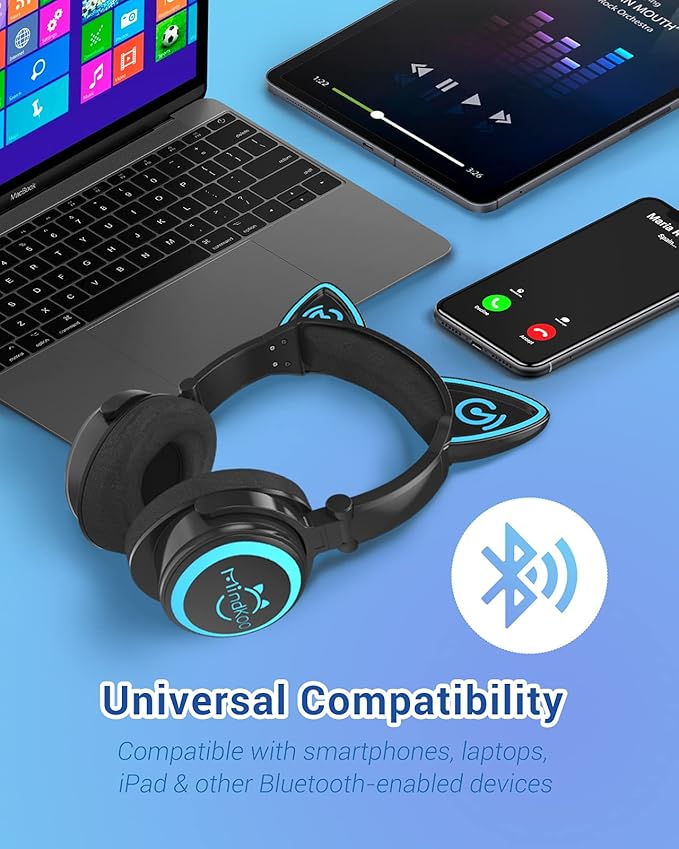 Cat Ear Bluetooth Headphones with Microphone, LED Light Up Over Ear Headphones, Volume Control and Foldable Headset for Tablet/PC/iPad/Cell Phones, Gift for Kids Boys & Girls
